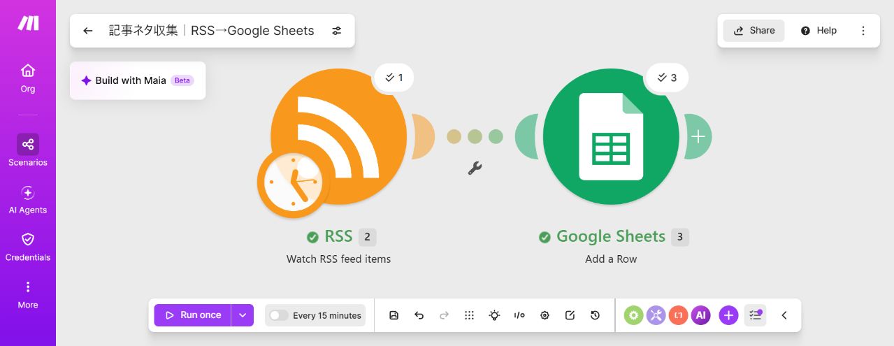 Google Sheetsモジュールが3回動いた実行結果