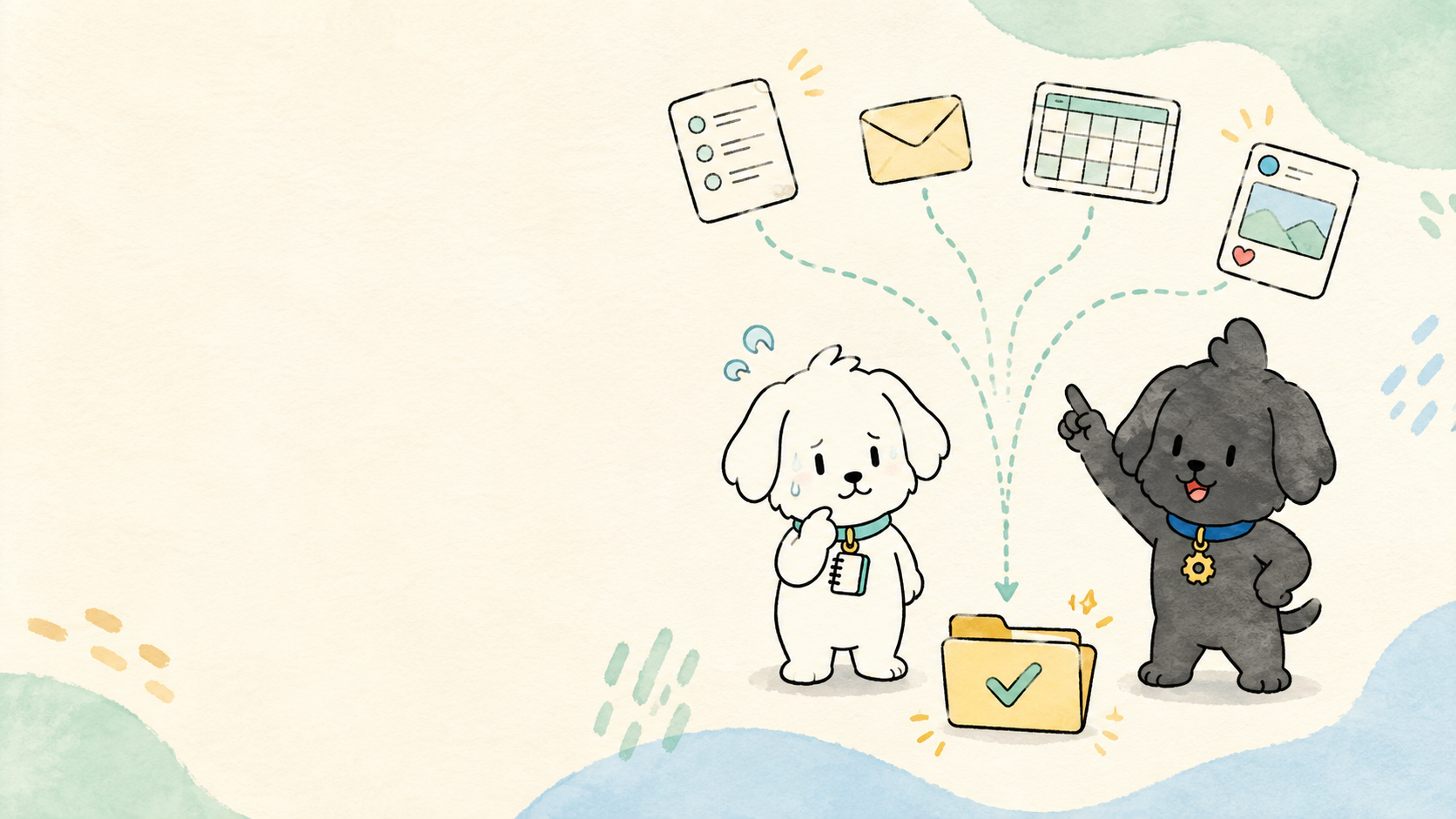 ノートとオートが副業作業の自動化を案内するイラスト
